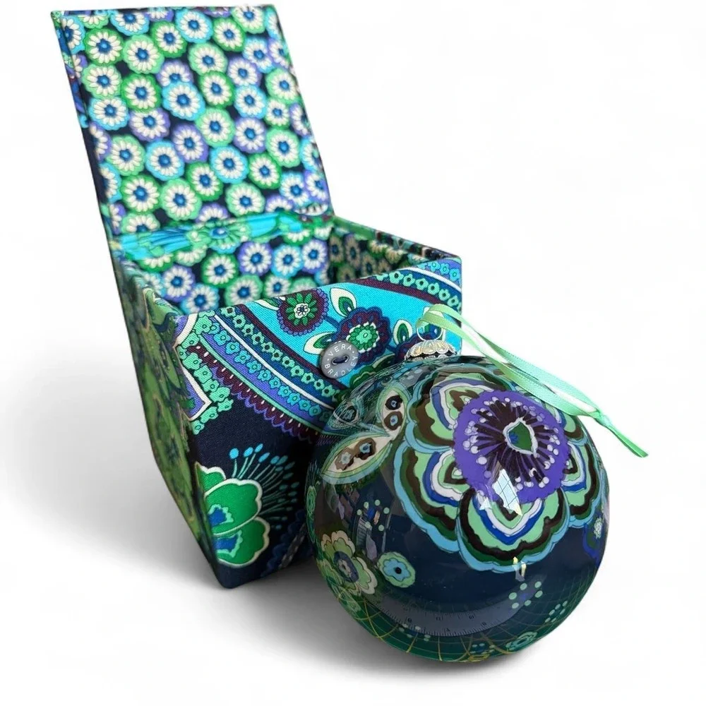 Vera Bradley Blue Rhapsody glass ornament with purple, green teal floral paisley
